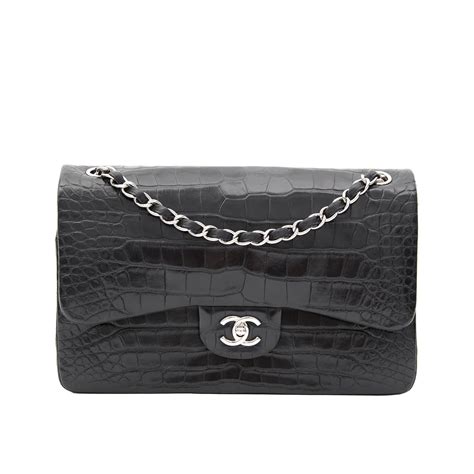 CHANEL Alligator Jumbo Double Flap Black .